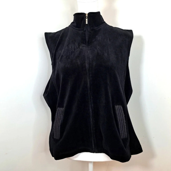 Vintage Y2K Black Velour Velveteen Zip Up Sleeveless Shirt Top Vest Size Large - Picture 2 of 8
